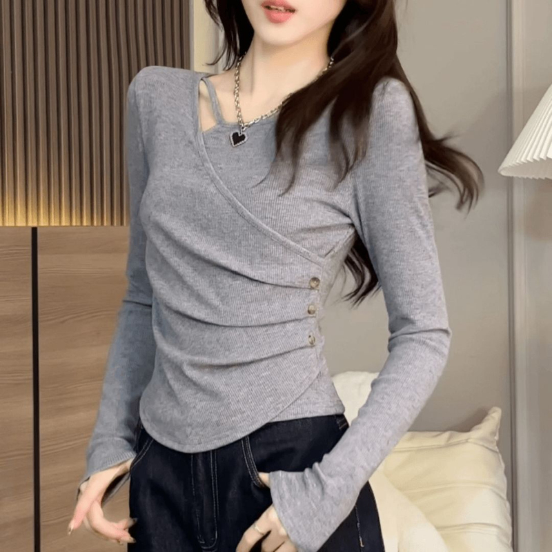 Solid Color Half-High Collar Slim Fit Long-Sleeve T-Shirt for Women, Autumn and Winter 2026 New Style, Versatile Base Layer Top