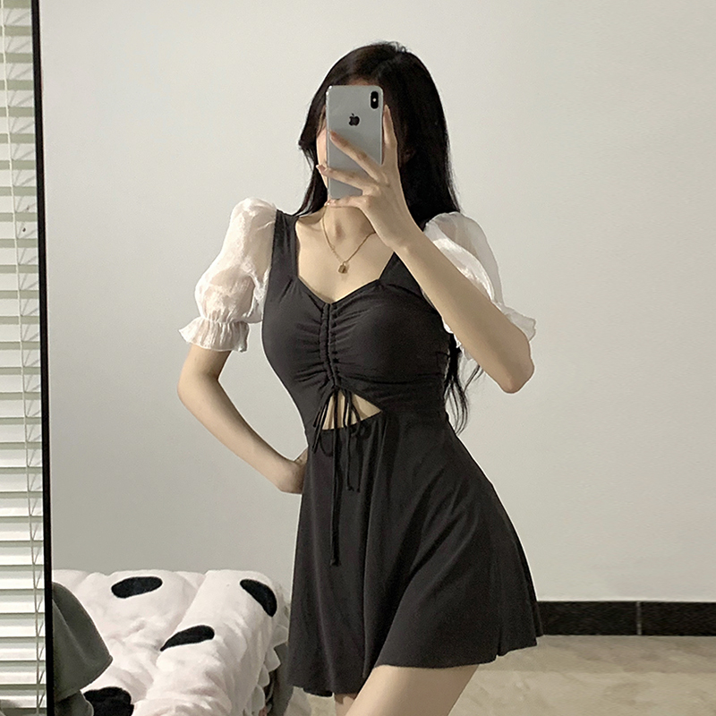 Conservative short-sleeved one-piece skirt style cover belly slim open back sexy hot spring swimsuit women Korean ins style