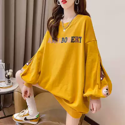 Fat mm large size medium and long version loose long-sleeved top women's spring and autumn Korean version bf lazy style thin section thick cotton T dress