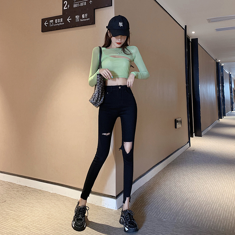 South Korea's 22 spring and summer new black ripped jeans women's skinny skinny pants high waist tight thin section nine-point pants