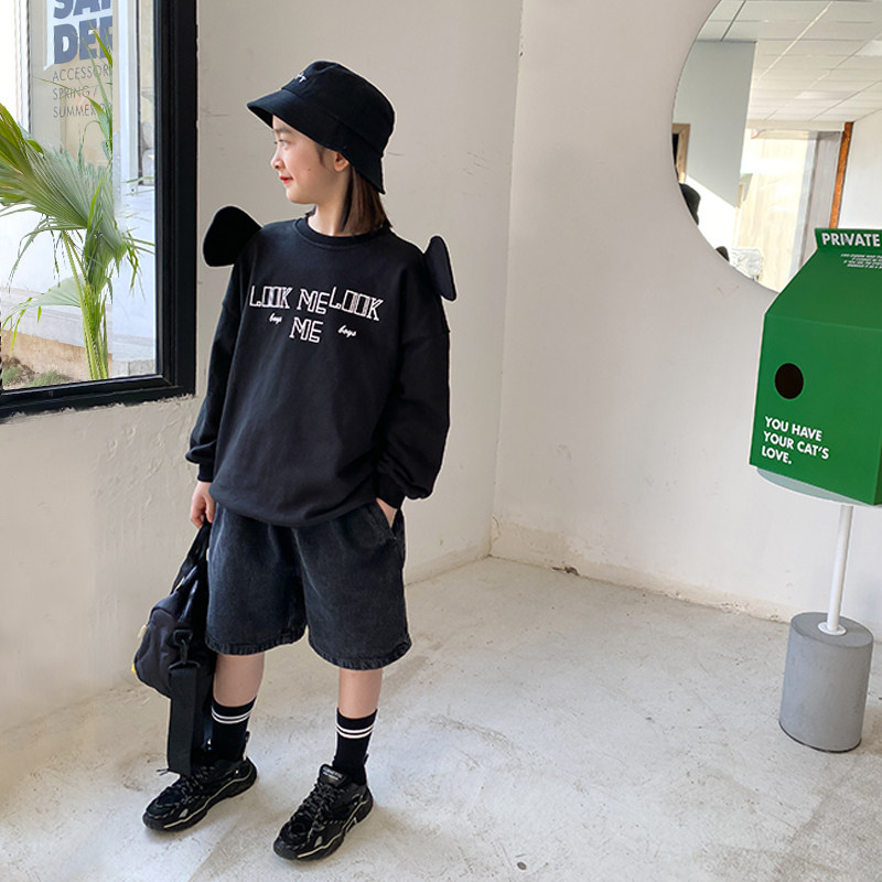 Princess Nuo Nuo girl black thick cotton T-ear shape personality trendy cool Korean version of the Western style fashion children's pullover