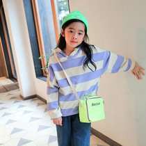 (spot)Girls sweaters big childrens Korean version of girls hooded bottoming shirt autumn new 2019 Western style stripes