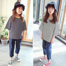 Girls  T-shirt summer new childrens striped casual loose three-point sleeve bottoming shirt student