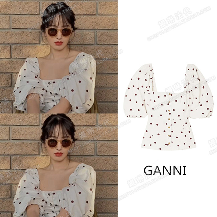 French Ganni Spring/Summer Yang Caiyu the same vintage polka dot square collar puff sleeve shirt top