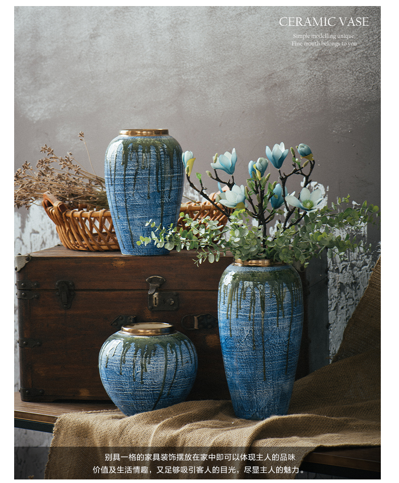 Jingdezhen ceramic dry flower vases, flower arrangement sitting room coarse pottery retro earthenware jar flower art porch is decorated pottery furnishing articles