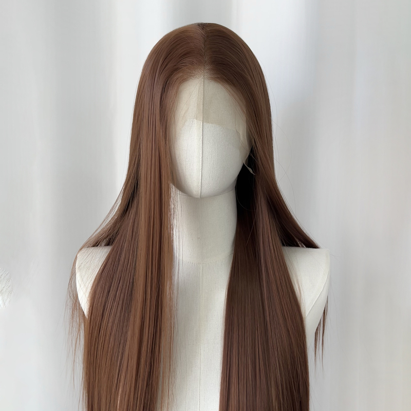 Orange-Brown Cosplay Wig, Hand-Tied Lace Front, Long Hair, Full Wig, Free Parting, Brown Color