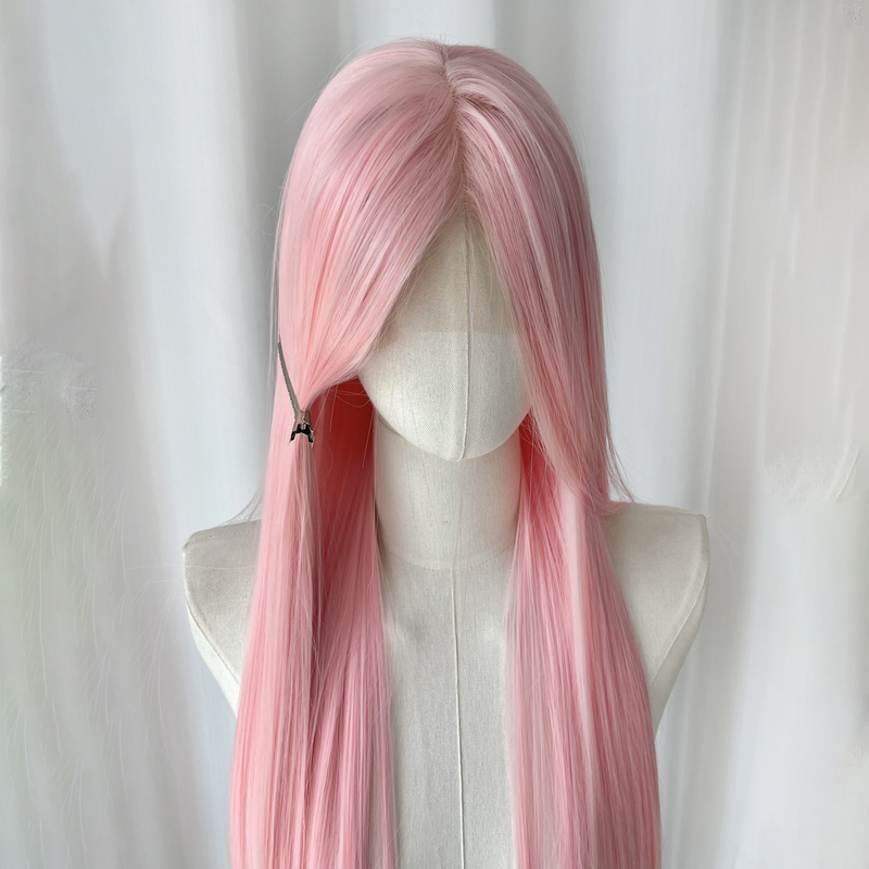 Soft Pink Cosplay Wig, Raw Hair, Hand-Crocheted, Lace Front, Long Straight Hair, Sakura, Yao, Himegami Momoe