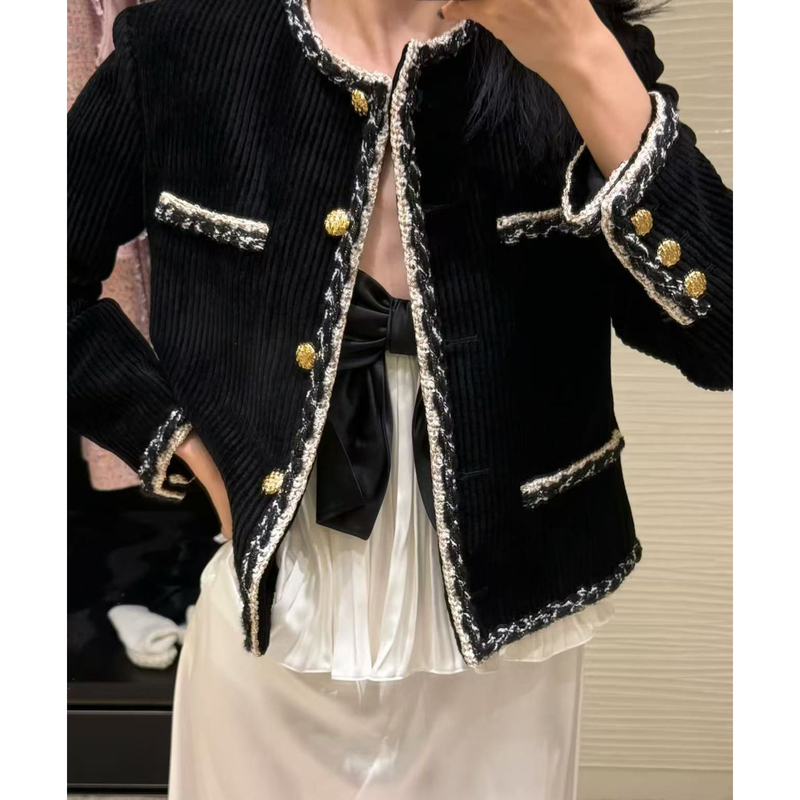2025 Autumn/Winter Heavy-Duty Black Classic High-End Corduroy Tweed Four-Pocket Short Jacket for Women