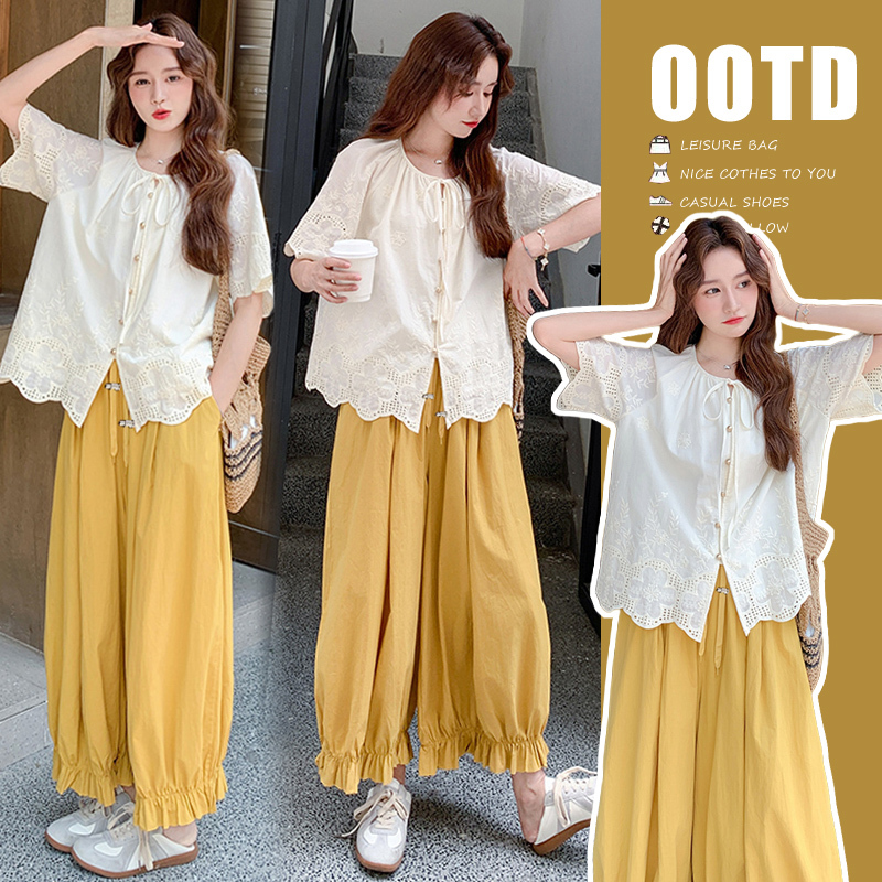 Pregnant Women's New Summer Style Versatile and Fashionable Loose Lace Top + Relaxed Fit Wide-Leg Pants Two-Piece Set Pregnant Women's New Summer Style Versatile and Fashionable Loose Lace Top + Relaxed Fit Wide-Leg Pants Two-Piece Set