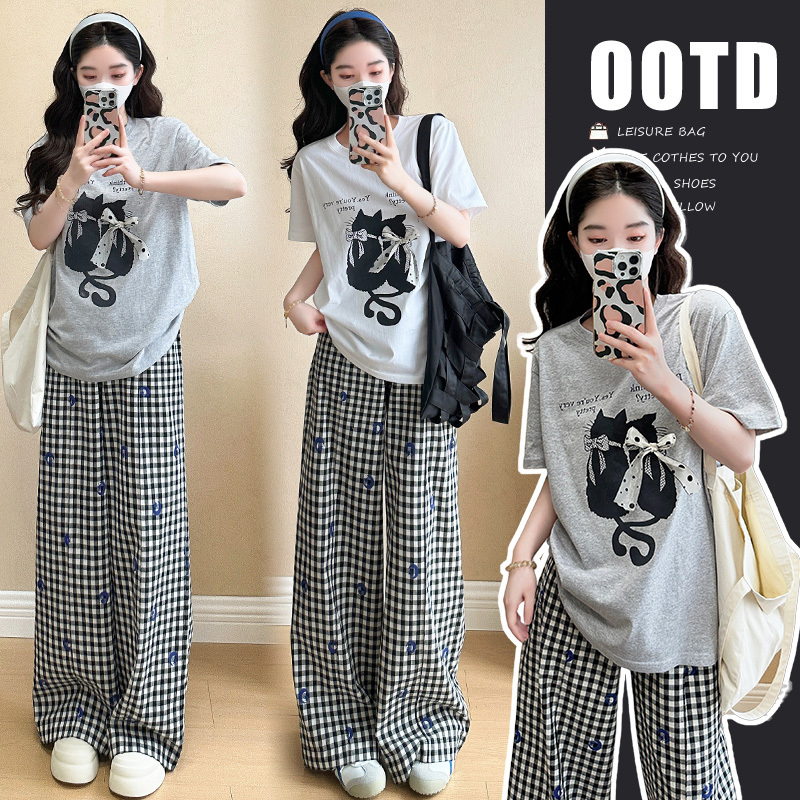 Maternity Pants Set New Korean Style Loose Casual Printed T-Shirt + Plaid Pants Wide-Leg Pants Casual Pants Set for Women Maternity Pants Set New Korean Style Loose Casual Printed T-Shirt + Plaid Pants Wide-Leg Pants Casual Pants Set for Women