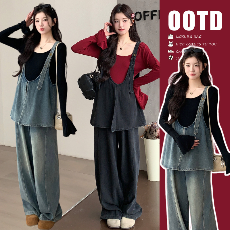 Maternity Spring and Autumn Denim Overalls Set, Retro Lazy Style Wide-Leg Pants, Not Revealing Pregnancy, Loose Casual Pants Two-Piece Set