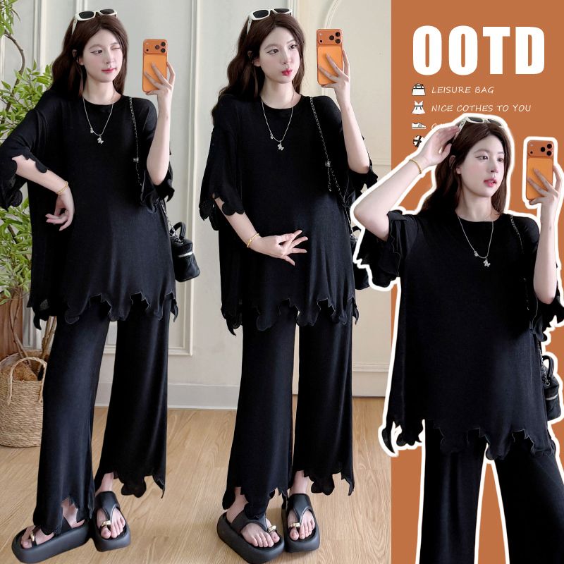 Pregnant Women's Black T-Shirt Wide-Leg Pants Suit, Summer Minimalist Style, Casual, Lazy, Loose, Short-Sleeved, Long-Pants Two-Piece Set Pregnant Women's Black T-Shirt Wide-Leg Pants Suit, Summer Minimalist Style, Casual, Lazy, Loose, Short-Sleeved, Long-Pants Two-Piece Set