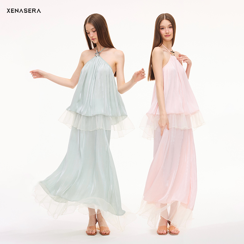 [Same Style as Song Xinran] Xenasera Blue Hyacinth/Rose Flower Beach Vacation Dress Set