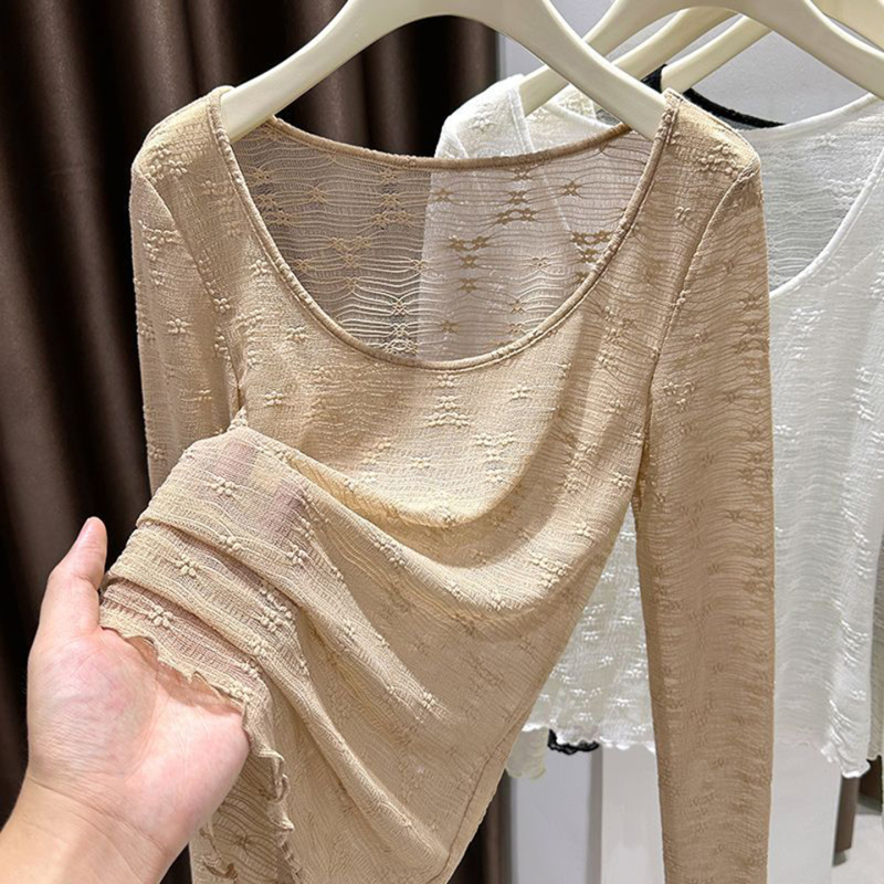 Lace Round Neck Long-Sleeved T-Shirt for Women, Spring and Autumn, Large Size, Retro Hollow-Out Inner Layer, Unique See-Through Blouse Lace Round Neck Long-Sleeved T-Shirt for Women, Spring and Autumn, Large Size, Retro Hollow-Out Inner Layer, Unique See-Through Blouse