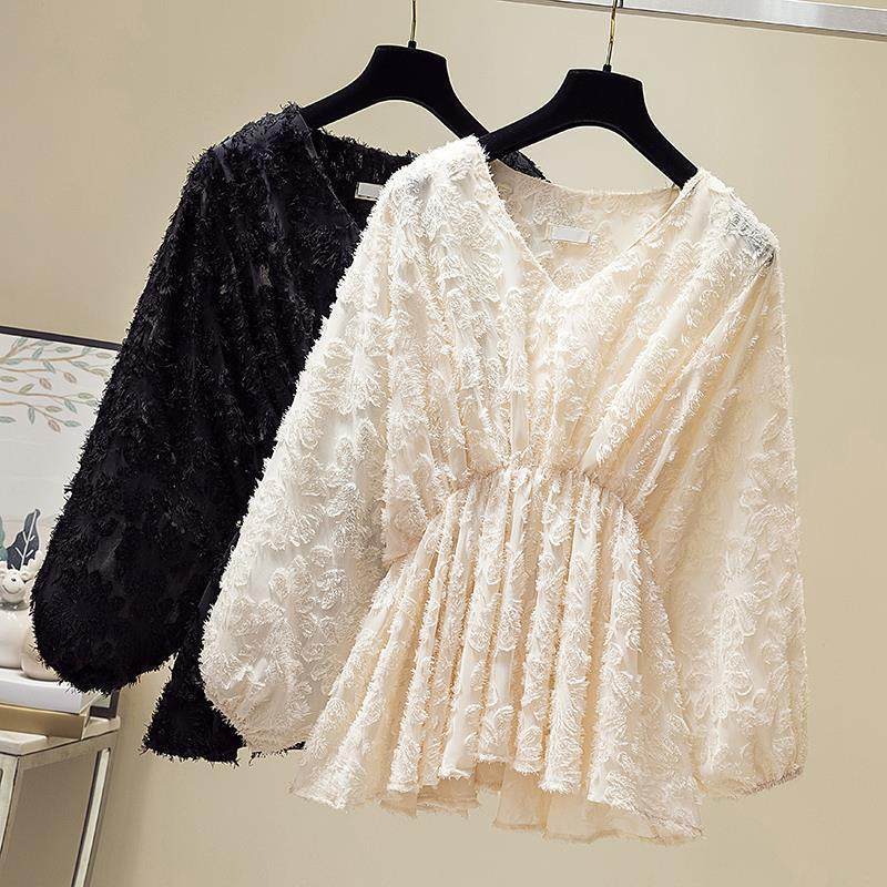 Женские осенние модели кружевных шифоновых рубашек, большой размер, мм, западный стиль, прикрывающий живот, тонкая блузка, шикарная осенняя одежда, нижняя рубашка