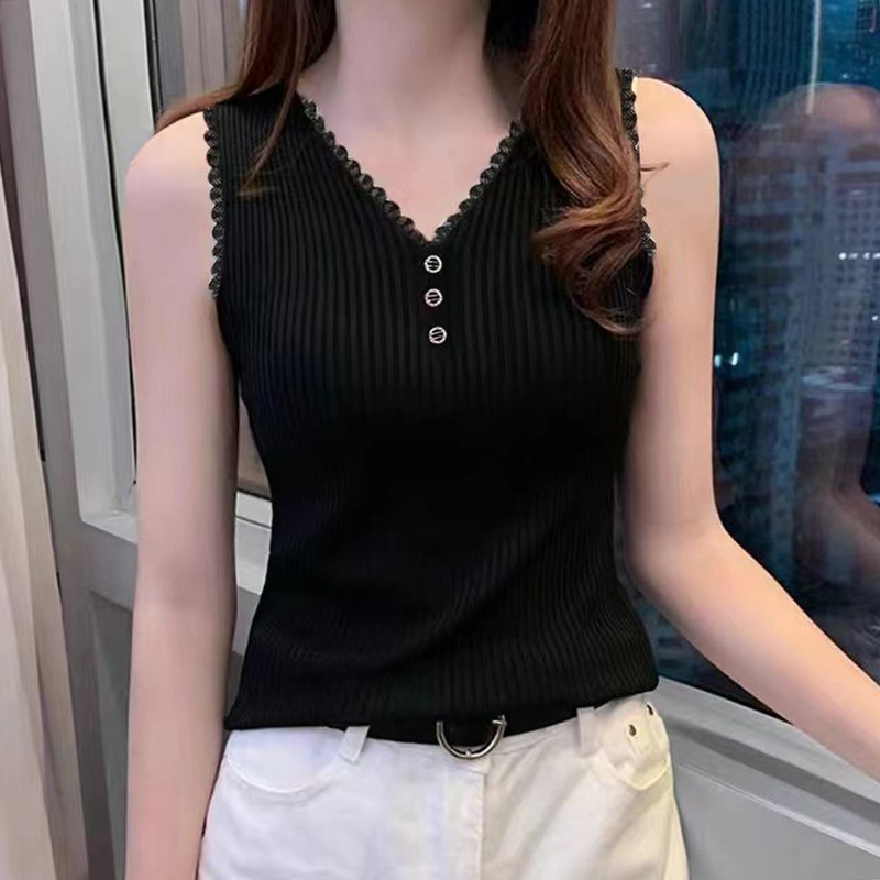 Lace Patchwork V-Neck Camisole for Women, Spring and Summer, Plus Size Cardigan, Inner Layer, Outer Wear, Elegant Knitted Top