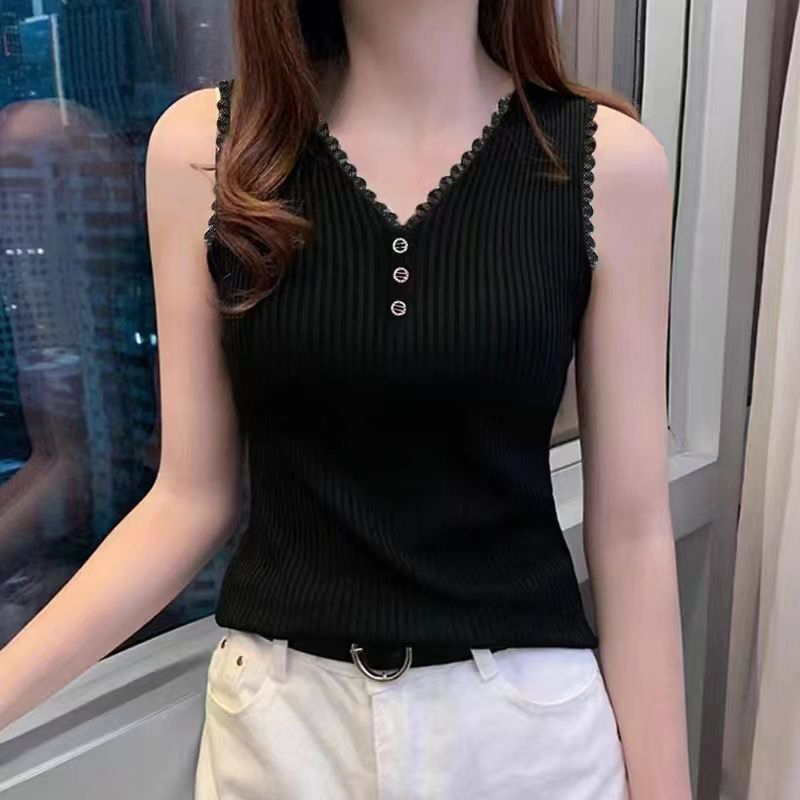 Black Lace Camisole for Women, Summer, Plus Size, Loose Fit, Slimming, Outerwear, Inner Layer, Sleeveless Ice Silk Top