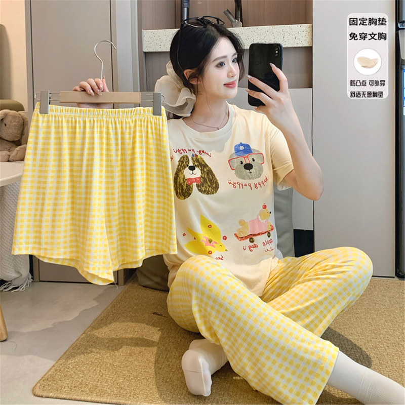 Pajamas with Breast Pads for Women, Summer Short-Sleeved Pants, Modal, Cute Cartoon Puppy, Popular Three-Piece Set, Home Wear