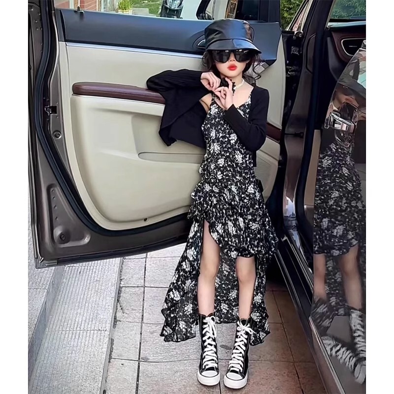 Girls' Shawl Cardigan, Suspender Floral Swallowtail Skirt Suit, Kidsren's Summer Seaside Vacation Dress, Fashionable Outfit Girls' Shawl Cardigan, Suspender Floral Swallowtail Skirt Suit, Kidsren's Summer Seaside Vacation Dress, Fashionable Outfit