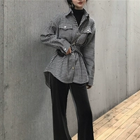 BZA retro chic dài quai thắt lưng bằng vải len houndstooth nữ mùa thu và mùa đông Hàn Quốc của áo khoác kẻ sọc - Accentuated eo áo áo khoác dạ măng tô nữ