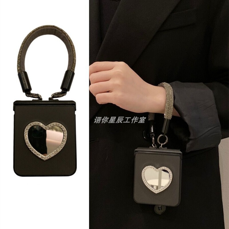 High-End Creative Makeup Mirror Crossbody Case Suitable for Oppo Find N3/2 Flip, Huawei P50 Pocket2/S Foldable Screen Z Flip6/5/4, Rhinestone Strap Vivo X Flip, Honor