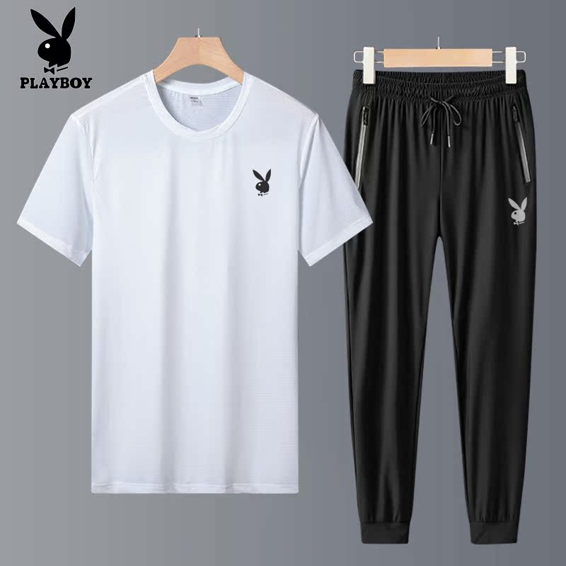 Playboy Summer Outdoor Ice Silk Sports Suit Men's Large Size Hiking Solid Color Casual Quick-drying Two-piece Suit