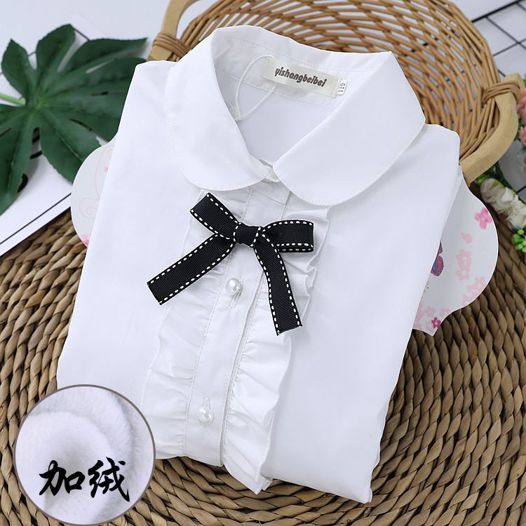 Children's velvet white shirt Girls ' shirt School section autumn and winter thickened warm inch shirt Big child school uniform Primary school students
