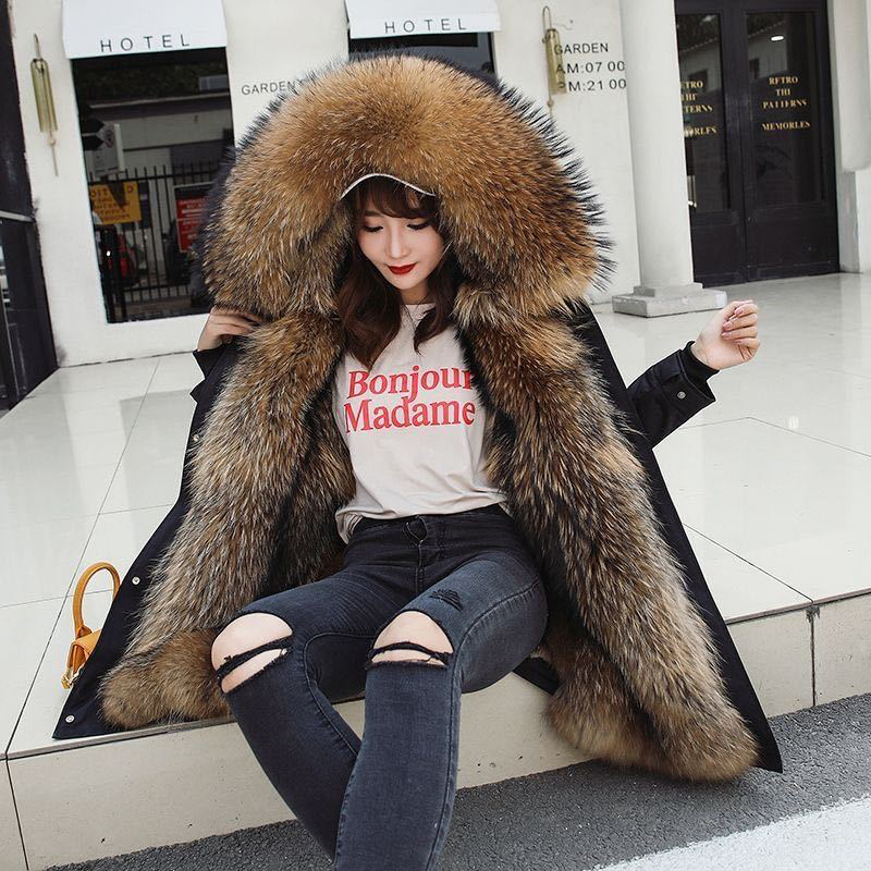 Fur Integrated Haining Fur Coat for Women, Long Parka with Detachable Liner, Raccoon Fur Coat, Winter Hooded Coat