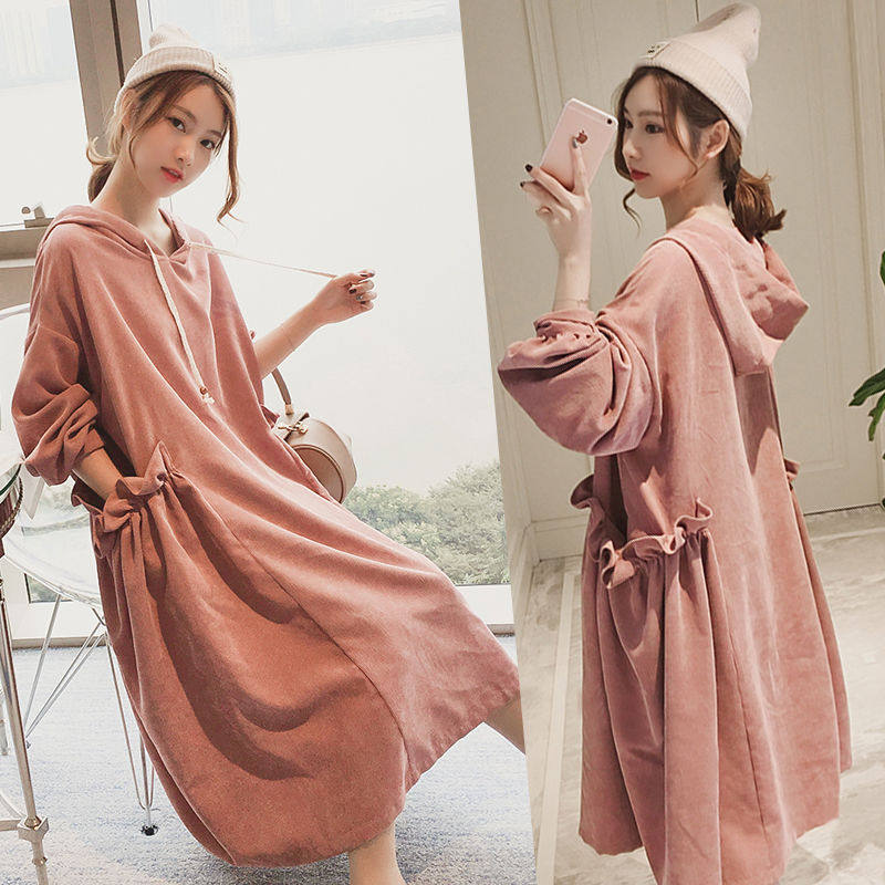 Large size gestational woman dress for spring and autumn clothing fashion new 2022 Korean version Lianhood for long version of dress out of the ocean
