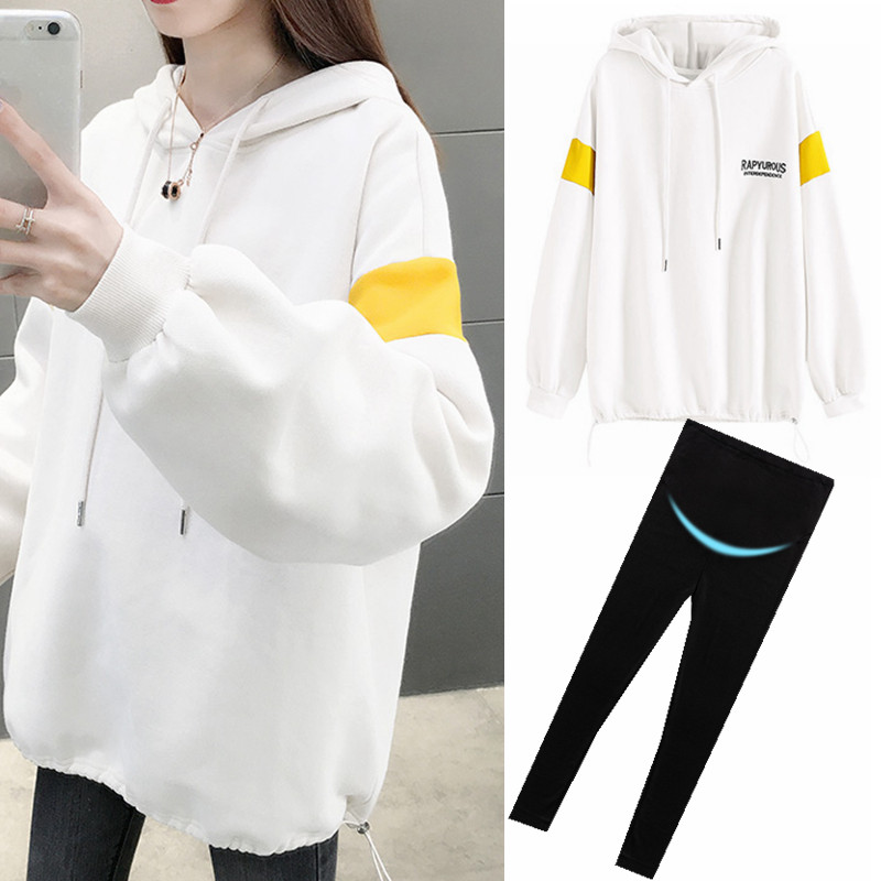 Maternity wear autumn and winter suit fashion 2020 new Korean version loose plus velvet thick cotton T-belly pants two-piece set