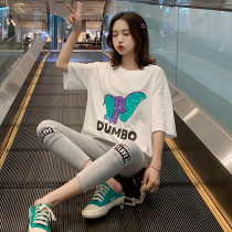 Pregnant Women summer suit 2020 new Korean version of cotton short sleeve shirt belly Capri pants casual two-piece set