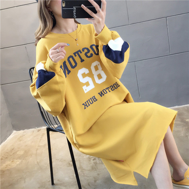 Gestational dress Autumn loaded with fashion style out of the house new Korean version loose long version Long sleeves thick cotton T skirt ocean wave