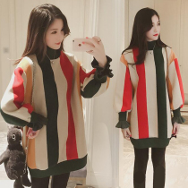 Pregnant women autumn and winter suit fashion Korean version plus velvet padded medium-length sweater pregnancy winter twine two-piece set