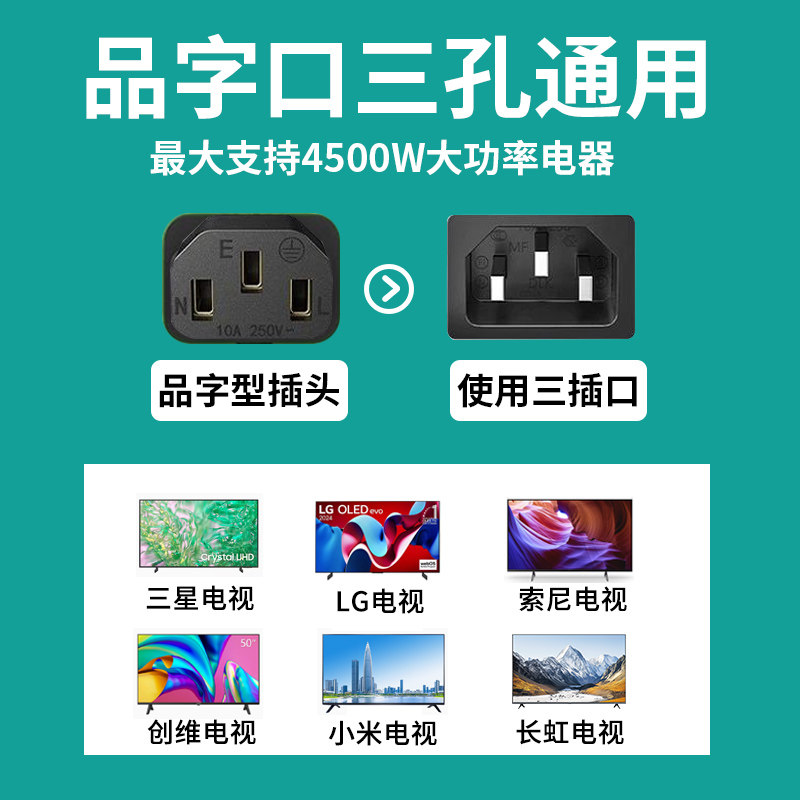 Suitable for Xiaomi, Skyworth, Hisense Tv Power Cords, Changhong, Sony, Tcl, Thunderbird, Huawei 3-Pin Extended Extension Cord