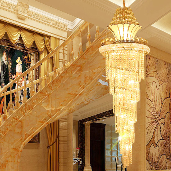Long Chandelier in the Stairwell of a Duplex Building, Led Chandelier in the Living Room of a Villa, Large Crystal Chandelier, Grand Chandelier for Restaurants and Clubs, Stair Chandelier
