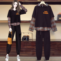 Large size womens clothing autumn new fat sister fake two-piece plaid top overalls suit cover belly thin two-piece set