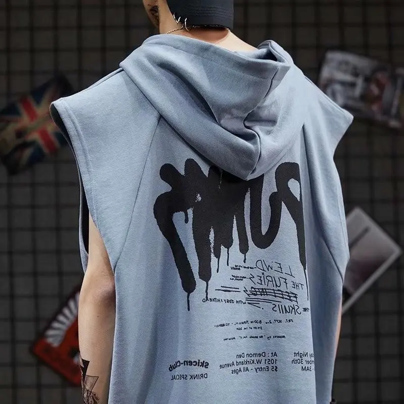 150kg Large Size Sleeveless Vest for Men, Outerwear, Cut-Sleeve Summer Sports Hooded Trendy Hoodie, Loose T-Shirt, Sleeveless Top