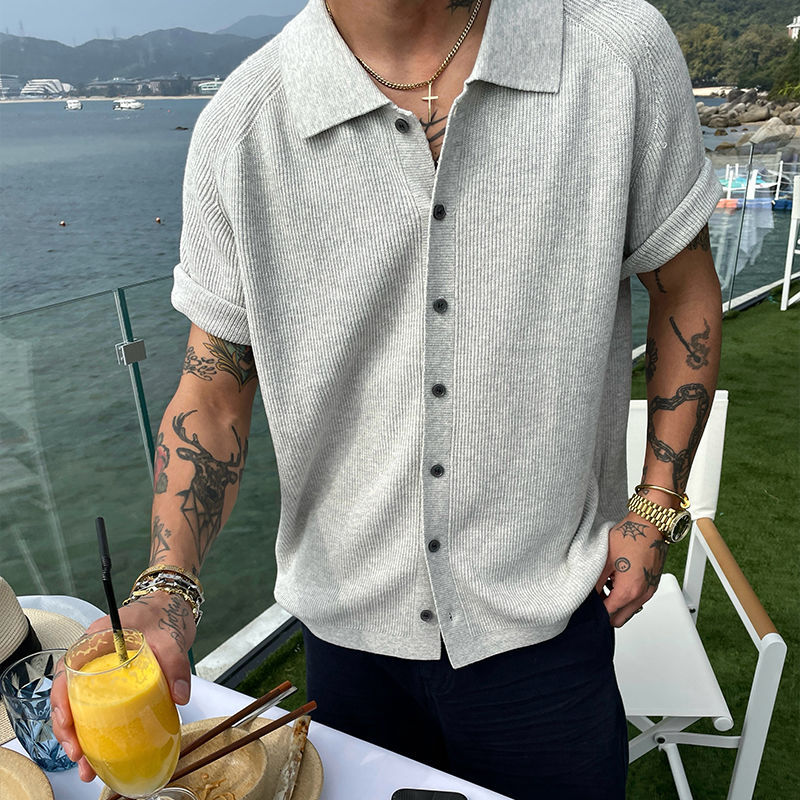 1.0-150kg Plus Size Old Money Style Light Luxury Textured Shirt Men's Short Sleeve Summer Loose Fit Oversized Turn-Down Collar Shirt