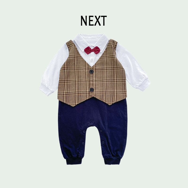 British NEXT baby 100-day-old dress gentleman plaid vest fake two romper baby birthday party clothes