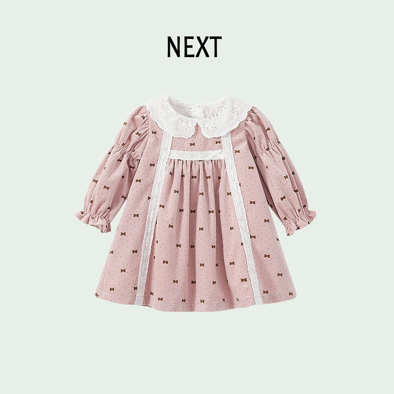 British NEXT girls' dress autumn cotton hundred days one-year-old printed skirt lace long-sleeved baby princess dress