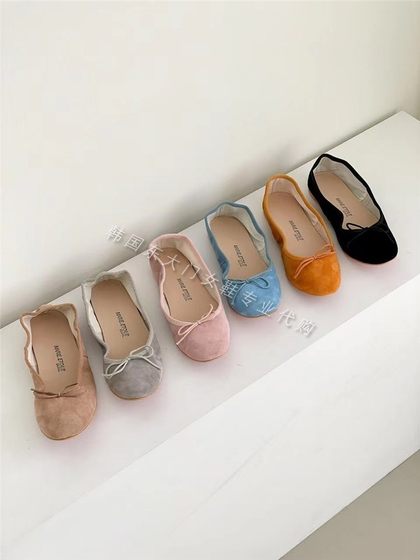 韩国2024春季新款女鞋蝴蝶结磨砂皮质芭蕾舞鞋平底鞋子女翻皮单鞋