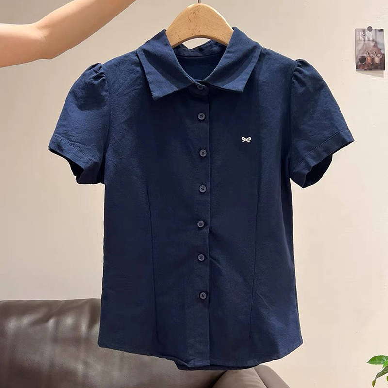 Korean Style Retro College Style Embroidered Blue Short-Sleeved Shirt for Women in Summer Niche Age-Reducing Slim-Fitting Waist-Cinching Short Shirt