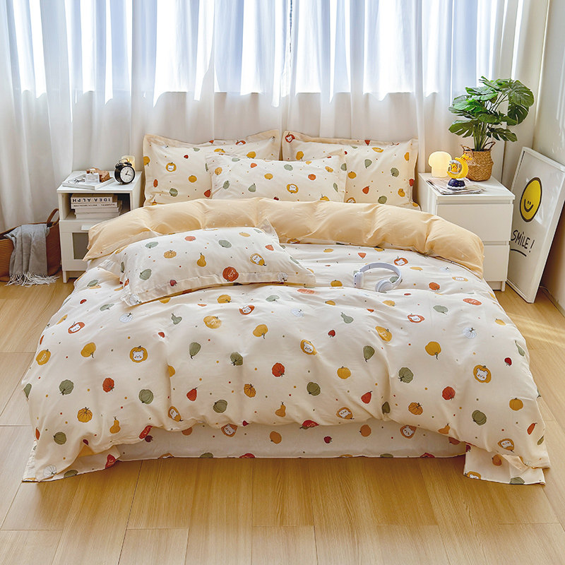 Spring and Summer New Style ins Pure Cotton Four-Piece Set, Fresh and Simple All-Cotton Bedding, Cartoon Duvet Cover, Dormitory Three-Piece Set, 4-Piece Set