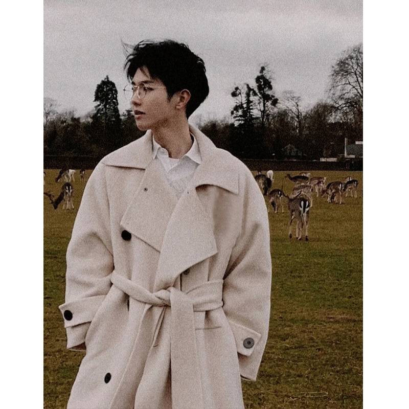 Off-White Double-Sided Wool Coat for Men, Thickened Classic Trench Coat Style, High-End Woolen Coat for Autumn and Winter