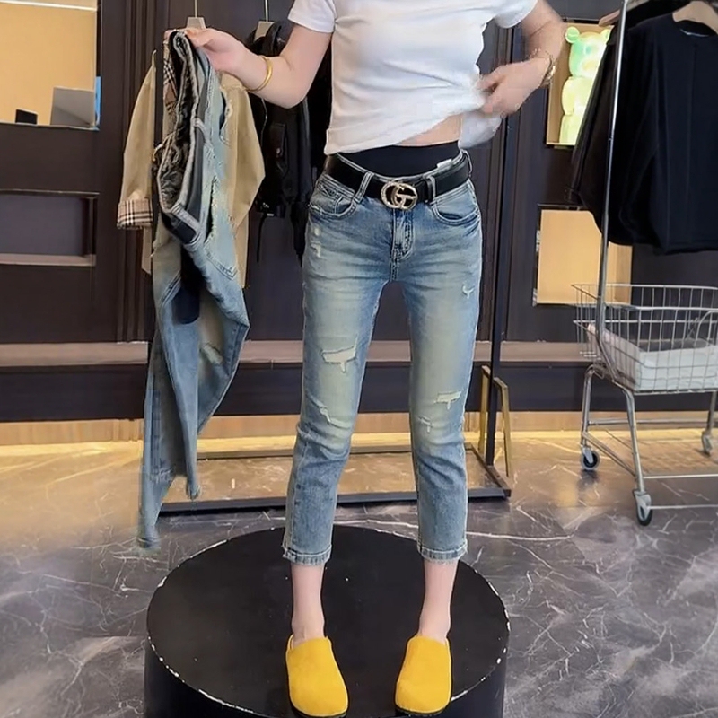 Plus Size Women's Clothing 2026 Summer New High-Waisted Ripped Straight-Leg Jeans for Fat Women, Stretchy Slimming Cropped Cigarette Pants