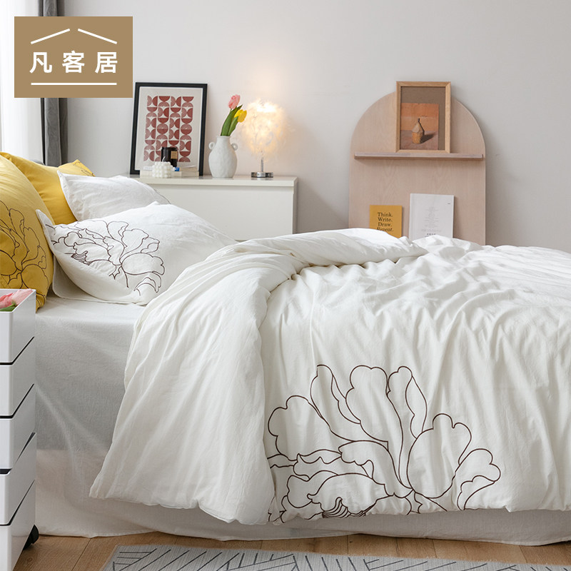 Peony yarn dyed washed cotton embroidery four-piece bed sheet quilt cover single double 1 5m1 8m bedding set