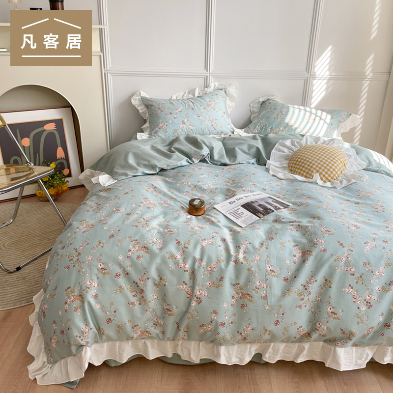 Retro printed lace four-piece set of cotton bedspread sheets quilt cover pillowcase 1 5 meters 1 8 meters cotton set