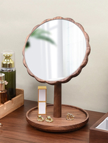 Walnut solid wood makeup mirror round home with storage bedroom dressing table mirror HD retro desktop petal mirror