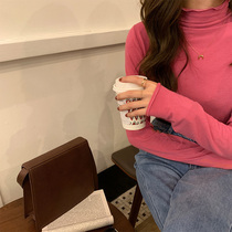 SINGSONG] Pink curry with half-high collar inside with wooden collar base shirt womens long sleeves Joker ins Spring and Autumn