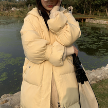 SINGSONG] Milk yellow hooded cotton coat women Spring and Autumn long thick loose Korean student cotton coat